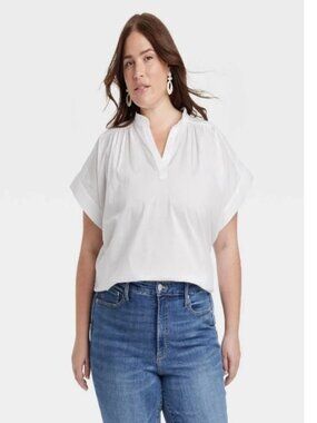 Universal Thread Women's 100% Cotton V-Neck Causal White Flowy Blouse Size XXL